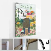 Tuin, boerderij en landbouw. Vectorillustratie van tuinman, tuinbedden, velden, kaarten, huizen, natuur, kas en oogst - Modern Art Canvas - Verticaal - 1898633680