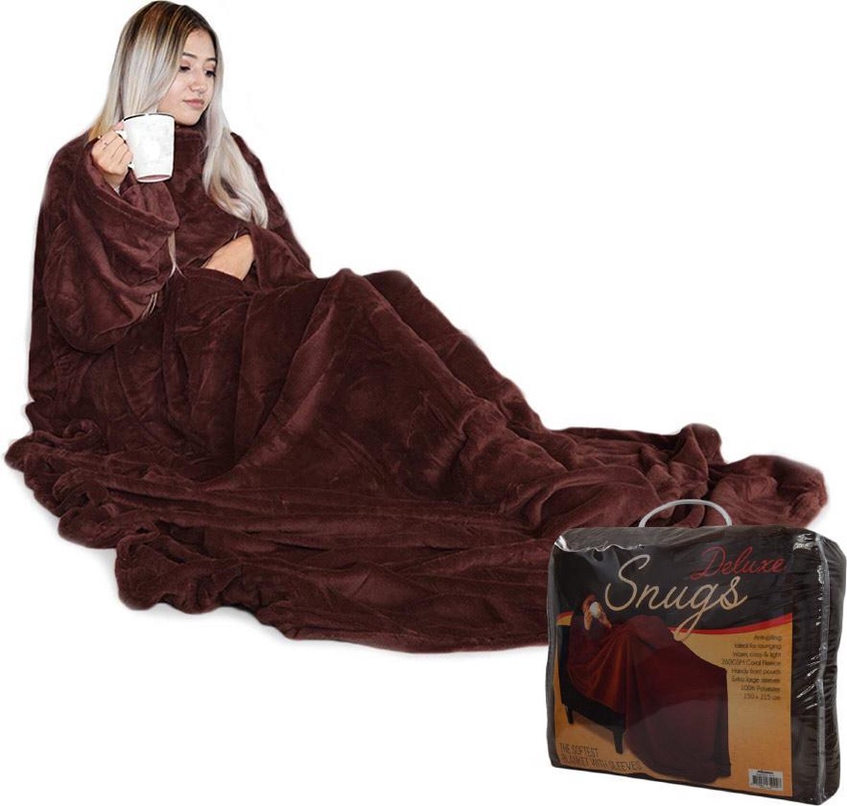 MikaMax Snugs Original Deluxe - Bruin - XL - Fleece Deken - Met Mouwen - Plaid - Hoodie Deken - Anti-Pluis - 215 x 150 cm op Prijzenvolger.com