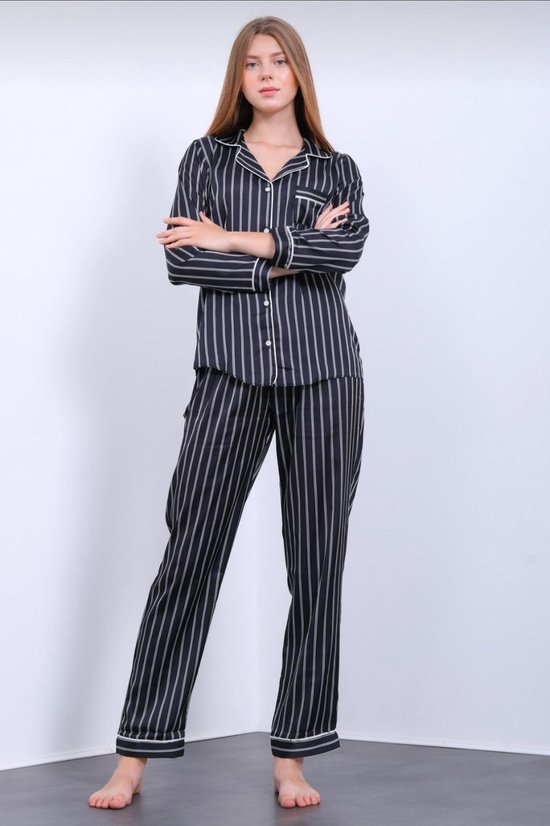 Satijn Dames Pyjama- Luxe Pyjamaset- Lingerie- Sexy- Nachtkleding Zwart Gestreept Maat M