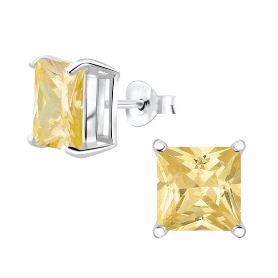 Joy|S - Zilveren vierkant oorbellen - 8 mm - zirkonia champagne geel