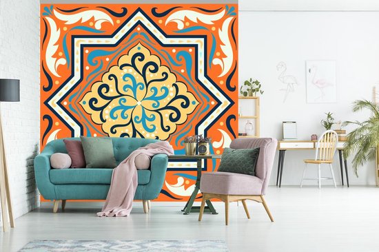 Motif carré avec une étoile sur fond orange avec décorations 240x240 cm