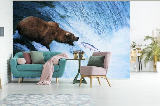 Papier peint photo peint photo vinyle - Grizzly pêche largeur 390 cm x hauteur 260 cm - Tirage photo sur papier peint (disponible en 7 tailles)