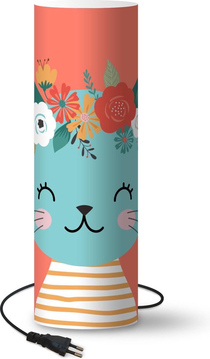 Lamp - Nachtlampje - Tafellamp slaapkamer - Kat - Bloemenkrans - Zomer - 60 cm hoog - Ø19.1 cm - Inclusief LED lamp