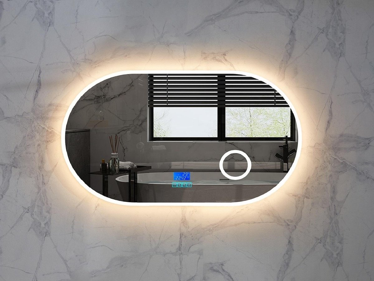 Mawialux LED Badkamerspiegel - Dimbaar - 120x60cm - Ovaal - Verwarming - Digitale Klok - Vergroot spiegel - Bluetooth - Vera