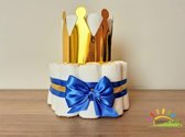 Luiertaart jongen-kroontje blauw/goud-Beziens baby-met gratis geboortekaartje-A merk Pampers maat 3-origineel kraam cadeau-babyshower