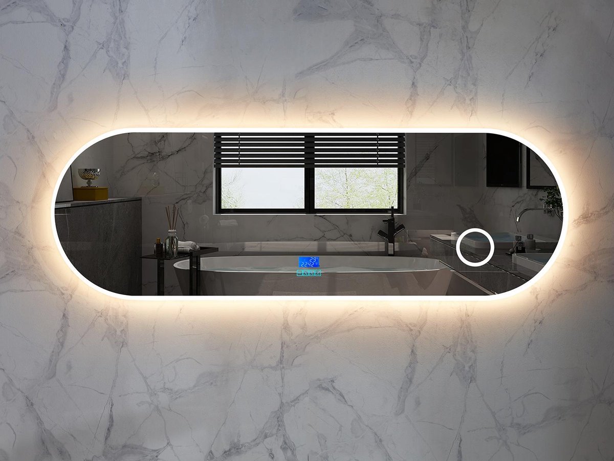 Mawialux LED Badkamerspiegel - Dimbaar - 180x60cm - Ovaal - Verwarming - Digitale Klok - Vergroot spiegel - Bluetooth - Vera