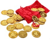 Speelgoed - Rood fluwelen zakje met 36 (plastic) gouden munten