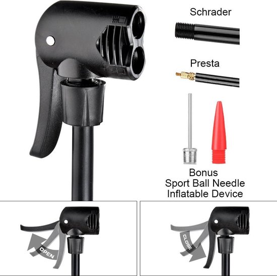 Matzwarte Fietspomp met Drukmeter én Extra Ventielen - Multifunctioneel Mondstuk – Schrader en Presta – Aluminium Lichtgewicht Vloerpomp – Ballenpomp/ Scooterpomp/ Autobandenpomp