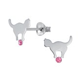 Joy|S - Zilveren kat poes oorbellen - roze kristal
