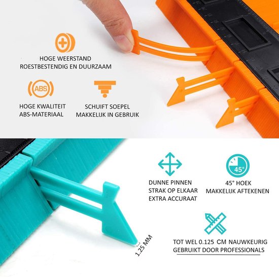 Oranje en blauwe profielmal van Optimus. Close-up van de pinnen en de tekst 'Hoge weerstand, roestbestendig en duurzaam' en 'ABS Hoge kwaliteit ABS-materiaal'.