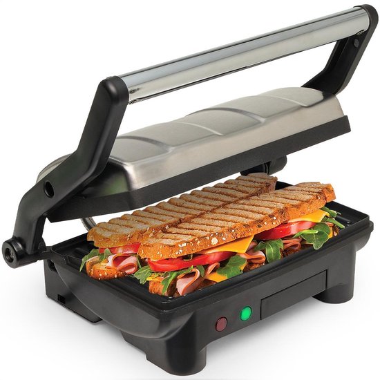 KitchenBrothers Contact Grill - Machine à Panini et Sandwich - Ouvert à 180° Pour Gourmet - 1000W - Acier Inoxydable / Zwart