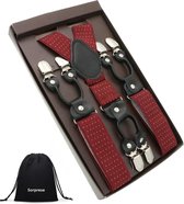 Sorprese – Luxe chique – heren bretels – 6 extra stevige clips – bordeaux rood gestipt met wit design – zwart leer - bretels