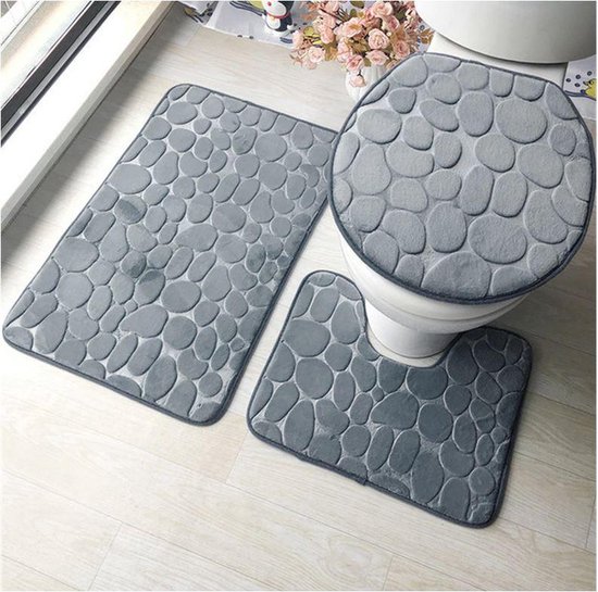 Badkamerset Badmat + WC mat - WC deksel cover  grijs steenmotief