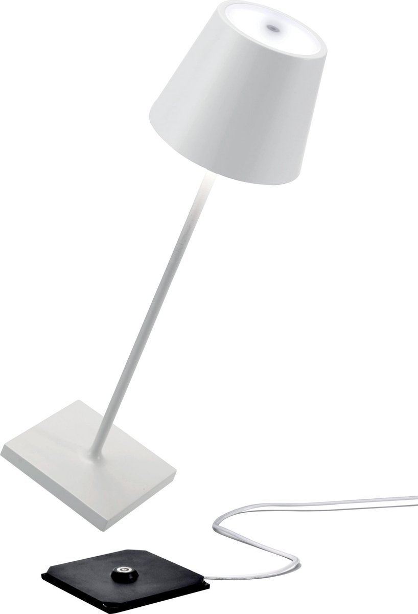 Zafferano - Poldina Pro hoog - Wit - H38 cm - Ledlamp - Terraslamp - Bureaulamp – Tafellamp – Snoerloos – Verplaatsbaar – Duurzaam - Voor binnen en buiten – LED - Dimbaar - 3000K – IP54 Spat Waterdicht - USB oplaadbaar