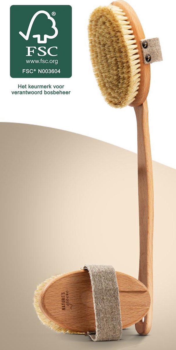 100% Vegan Lichaamsborstel met Afneembare Steel - Rugborstel/Badborstel/Doucheborstel - Dry Brushing Huidborstel - Droogborstel - Douche