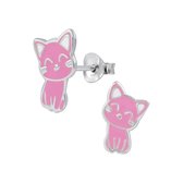 Joy|S - Zilveren kat poes oorbellen - 8 x 12 mm - roze