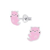 Joy|S - Zilveren kat poes oorbellen - 8 mm - kitten roze