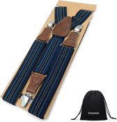 Luxe chique – bretels – blauw gestreept met wit en grijs design - Sorprese - 3 extra stevige clips – met bruin leer – heren