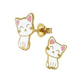 Joy|S - Zilveren kat poes oorbellen - 8 x 12 mm - wit - 14k goudplating