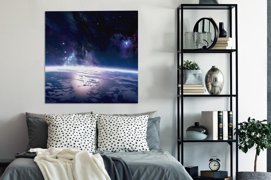 Toile Peinture Terre - Etoiles - Espace - 90x90 cm - Décoration murale