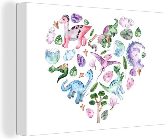 Canvas Schilderij Kinderkamer - Patroon - Dinosaurus - Meisjes - Kinderen - Roze - Kids - 60x40 cm - Wanddecoratie