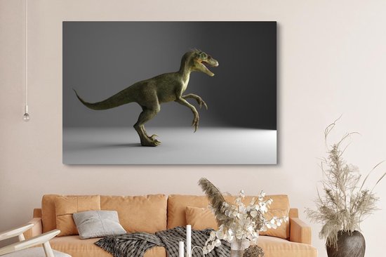 Canvas schilderij 150x100 cm - Wanddecoratie Velociraptor - Dinosaurus - Grijs - Muurdecoratie woonkamer - Slaapkamer decoratie - Kamer accessoires - Schilderijen op canvas