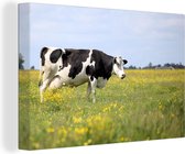 Canvas Schilderij Koe - Gras - Bloemen - 30x20 cm - Wanddecoratie