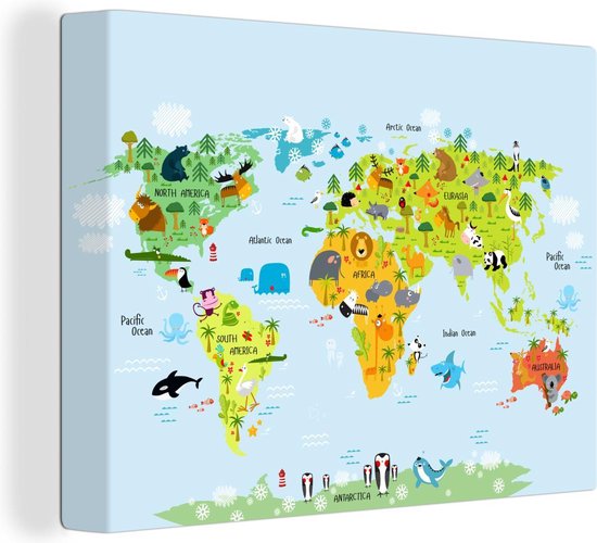 Canvas Wereldkaart - 40x30 - Wanddecoratie Wereldkaart kinderen - Illustraties - Kleuren