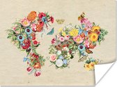 Poster - Wereldkaart - Vintage - Bloemen - 40x30 cm