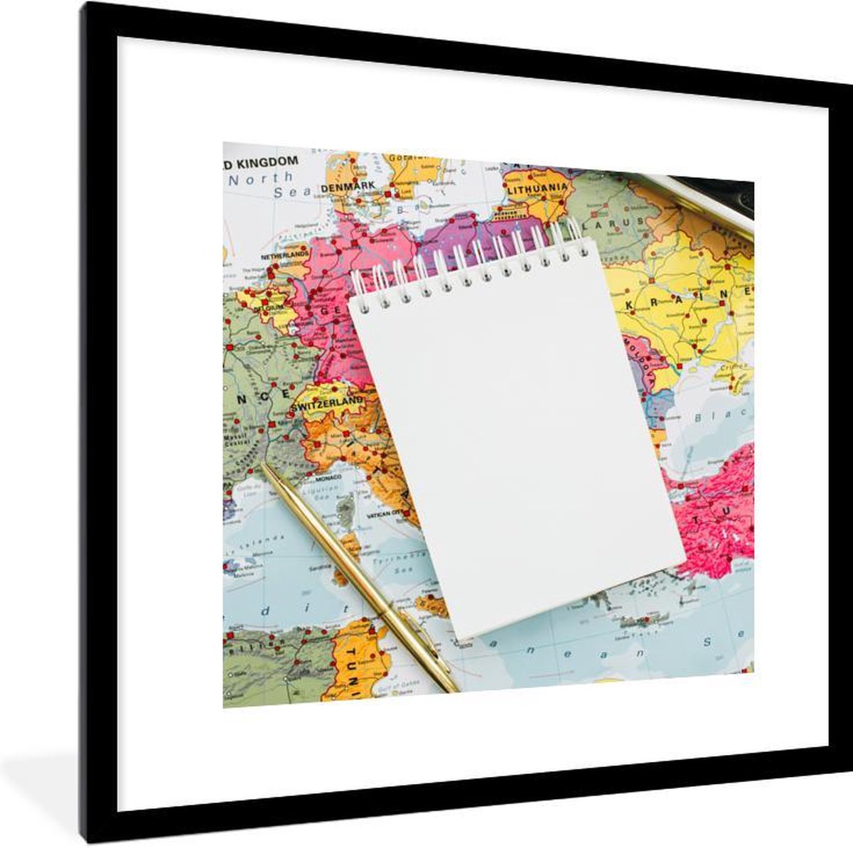 Fotolijst incl. Poster - Wereldkaart - Potlood - Notitieblok - 40x40 cm - Posterlijst