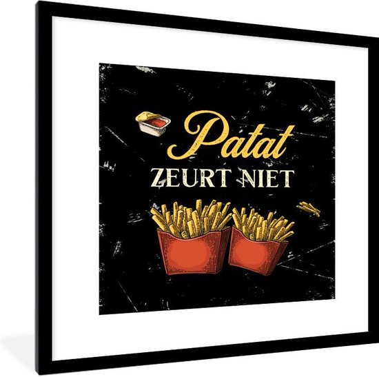 Fotolijst incl. Poster - Patat - Vintage - Tekst - 40x40 cm - Posterlijst - Cadeau voor vrouw - Cadeau voor man