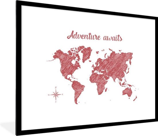 Fotolijst incl. Poster - Wereldkaart - Rood - Wit - 80x60 cm - Posterlijst