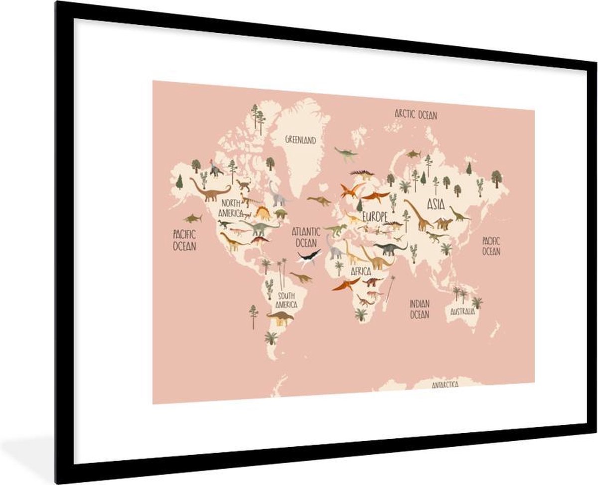 Fotolijst incl. Poster - Wereldkaart - Kinderkamer - Dino's - Meisjes - Kinderen - Roze - 90x60 cm - Posterlijst