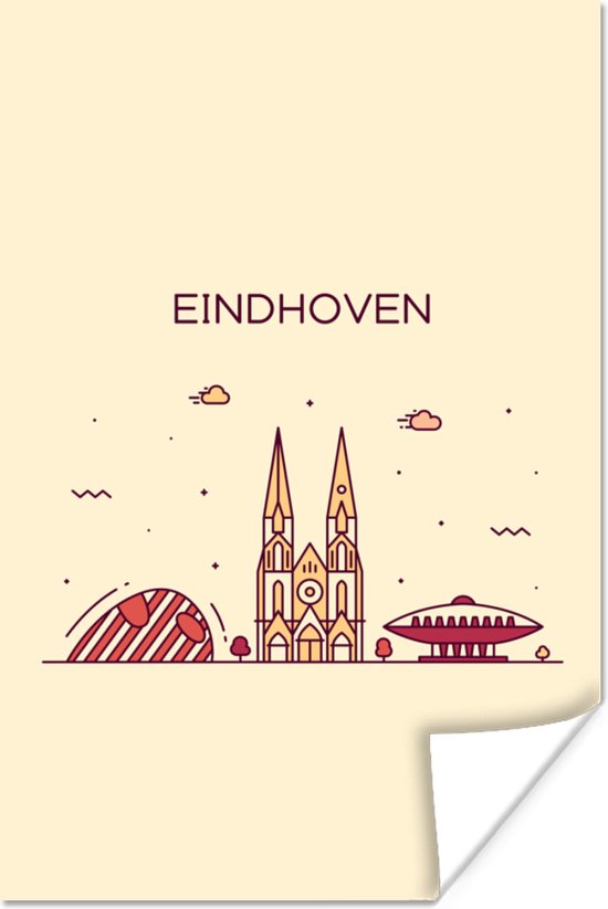 Illustration skyline 'Eindhoven' sur fond marron clair 80x120 cm
