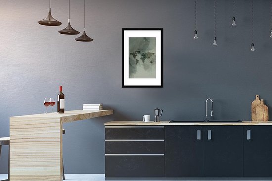 Fotolijst incl. Poster - Wereldkaart - Aquarelverf - Groen - Grijs - 40x60 cm - Posterlijst