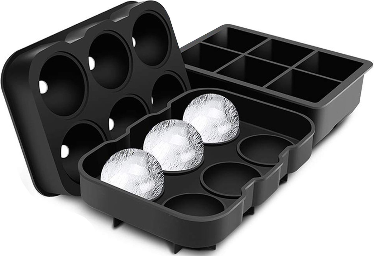 BECIO IJsblokjesvorm – 6 XL IJsballen en 6 IJsblokken – Luxe IJsblokvormen met Deksel Trechter en E-Book – Whiskey Ice Cube Tray – Siliconen – Zwart - BECIO