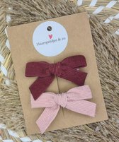 Haarstrik Mila setje van 2 - corduroy - rib - alligatorclip - rood/roze