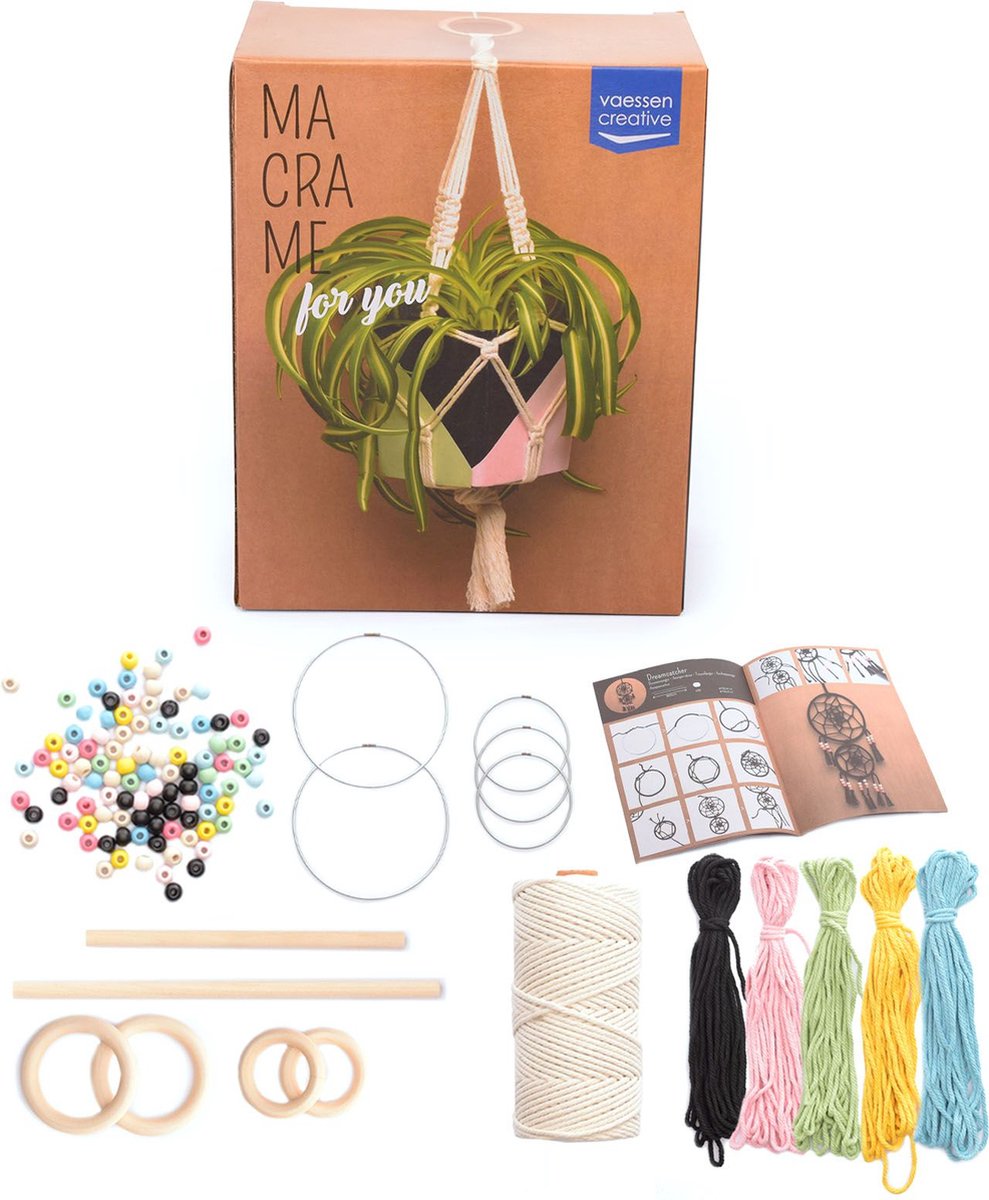 Vaessen Creative - Macramé Pakket - DIY Weefset - Inclusief Macramé Touw, Kralen & Ringen