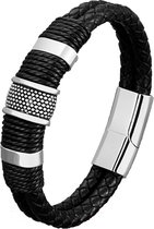 Malinsi - Armband Heren - Zilver RVS - Zwart Leer - Mannen - Armbandje 21 cm - Cadeau voor man - vaderdag - cadeautjes - Verjaardag