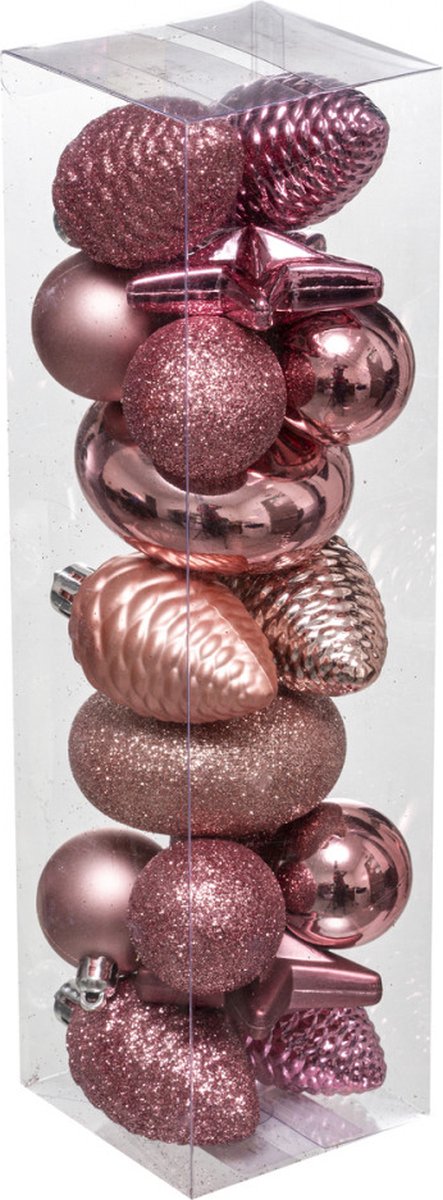 Kerstballenset Roze 18stuks verschillende soorten en formaten, mat/glitter/glanzend