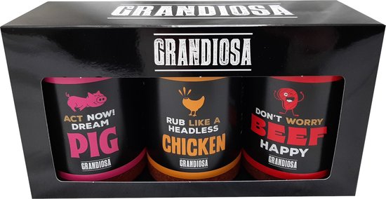Grandiosa BBQ cadeau pakket – 3x BBQ rubs – varken – kip – rund – 3x 275 gram - bbq kruiden - dry rub - BBQ cadeauset - cadeau voor man - cadeau voor hem - BBQ kruidenpakket