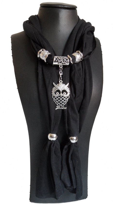 Foulard, écharpe, foulard femme, foulard décoratif composé d'un foulard noir 180 cm orné d'anneaux et de bijoux pendentif chouette. Veuillez noter qu'il ne s'agit pas d'une écharpe chaude. Cadeau du Père Noël, cadeau de Noël