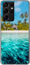Geschikt voor Samsung Galaxy S21 Ultra hoesje - Strand - Palmbomen - Zee - Siliconen Telefoonhoesje