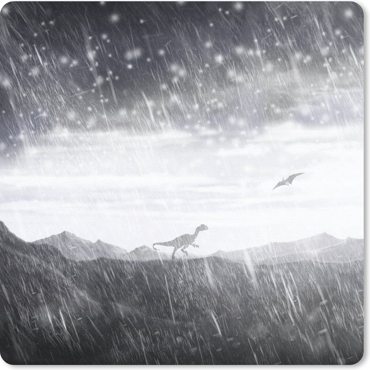 Muismat 30x30 cm - Mousepad Dinosaurus - Zwart - Wit - Regen - Muismatten