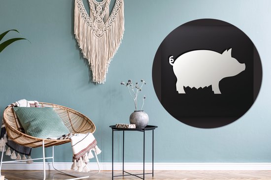 Une illustration d'un cochon sur fond noir. Cercle mural aluminium ⌀ 140 cm