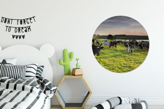 WallCircle - Stickers muraux - Cercle de papier peint - Vache - Herbe - Coucher de soleil - 100x100 cm - Cercle mural - Autocollant - Sticker papier peint rond XXL
