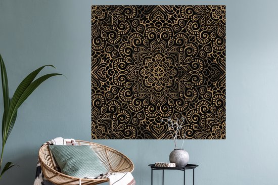Sticker Muursticker Goud - Motif doré sur fond noir - 120x120 cm - Film adhésif autocollant - Sticker mural repositionnable XXL /