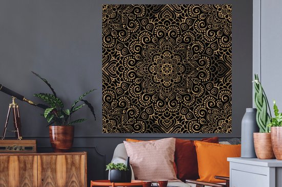 Sticker Muursticker Goud - Motif doré sur fond noir - 120x120 cm - Film adhésif autocollant - Sticker mural repositionnable XXL /