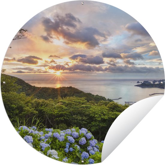 Tuincirkel Uitzicht op zee en hortensia's - 150x150 cm - Ronde Tuinposter - Buiten