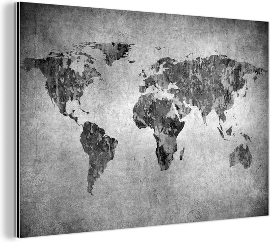 Décoration murale Métal - Peinture Aluminium - Mappemonde Artistique - Noir et Blanc - 180x120 cm